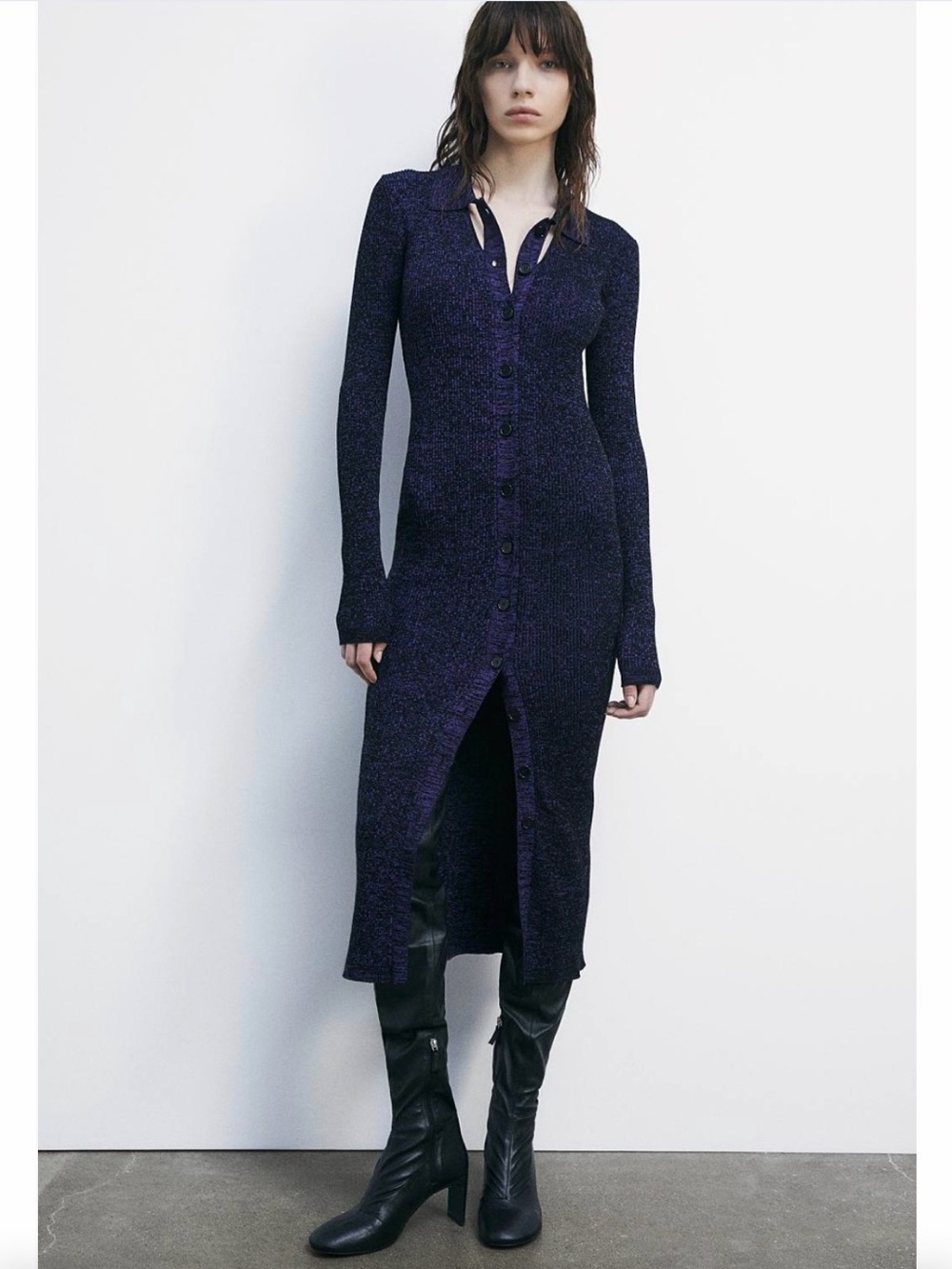 Button-Front Long Sleeve Midi Dress in Deep Plum